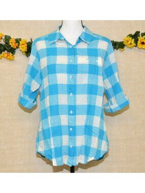Foxcroft Womens Plus Size 14W Blue Plaid Button Front Blouse Top Cotton Pocket